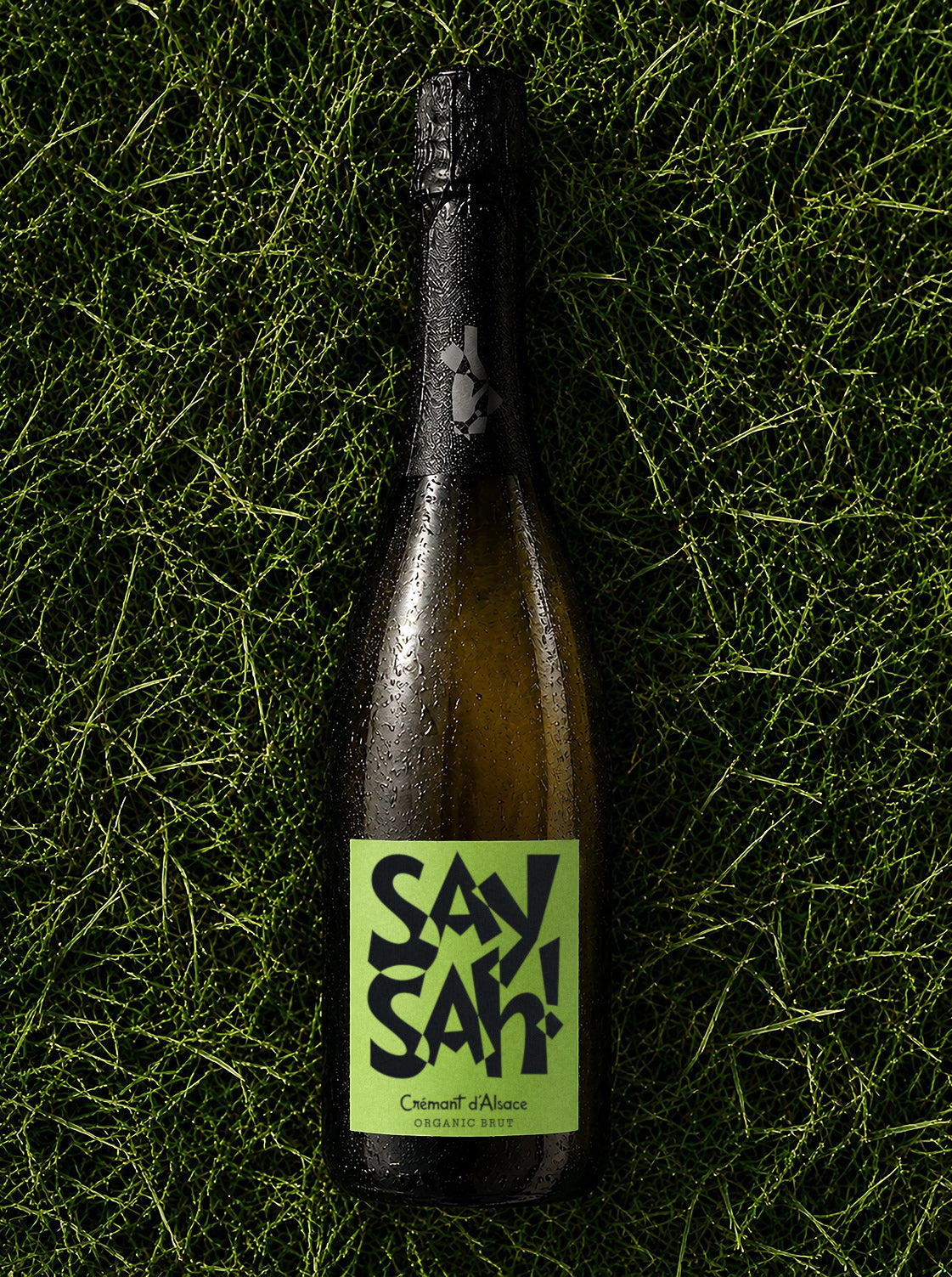 A bottle of Saysah Organic Brut on grass